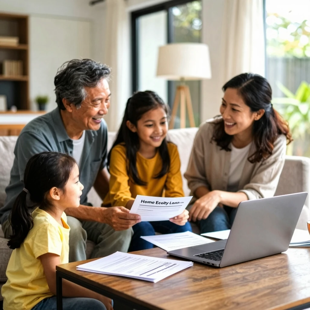Happy family discussing home equity loan options in their living room