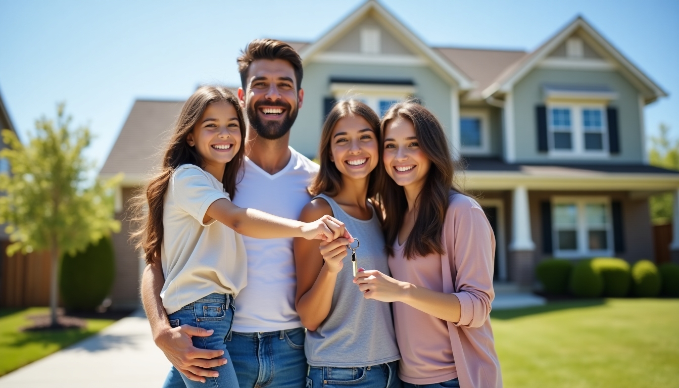 Family in front of their home after successful refinancing