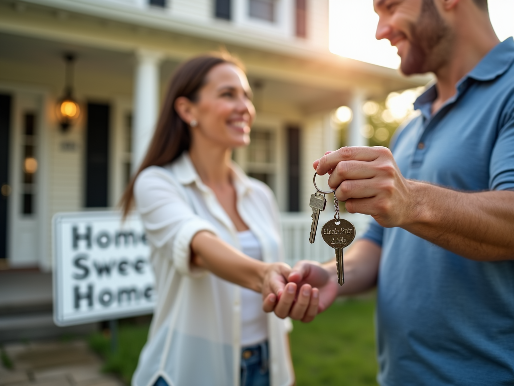 Couple receiving keys from real estate agent after closing