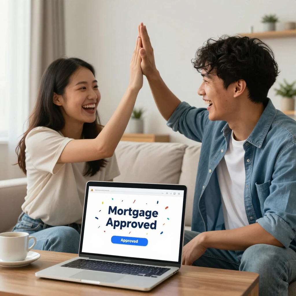 Happy couple celebrating online mortgage approval