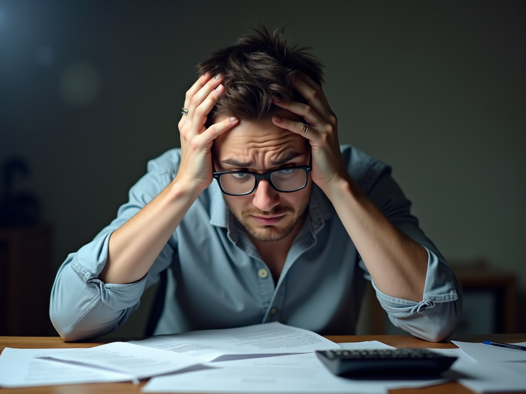 Person stressed while reviewing FHA loan documents.