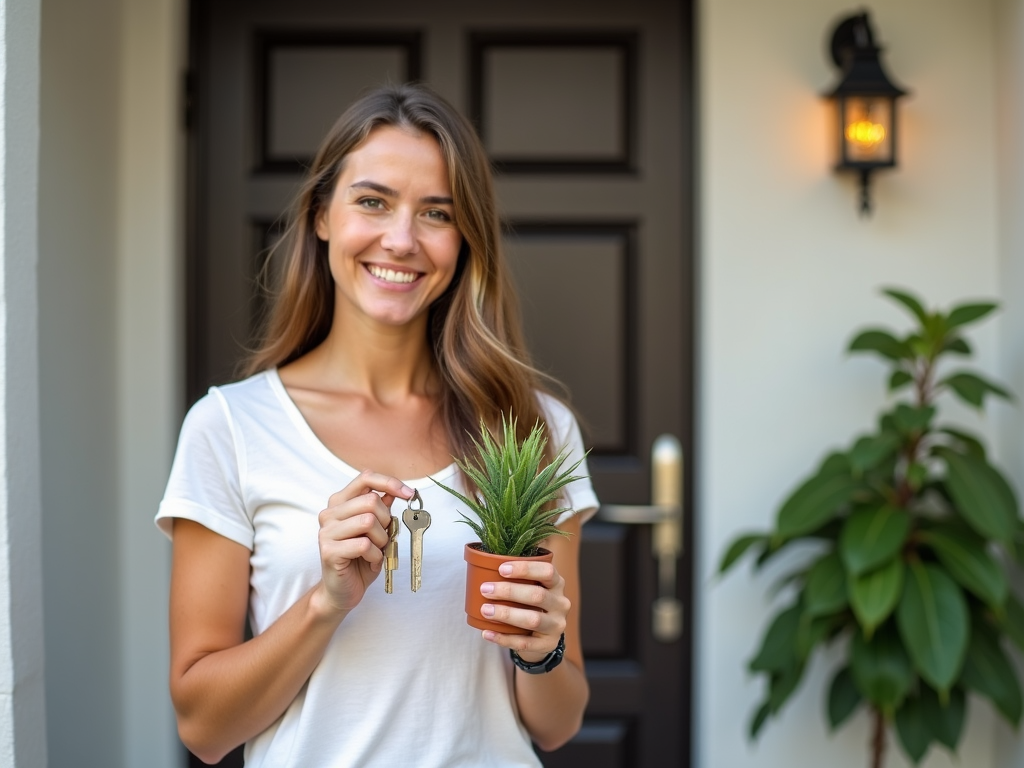 New homeowner with keys and plant