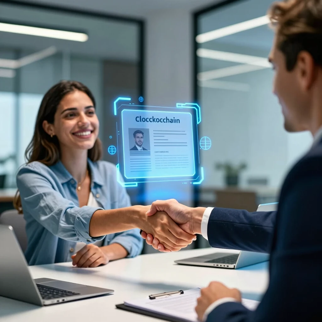 Couple finalizing a blockchain-enabled real estate deal in a high-tech office