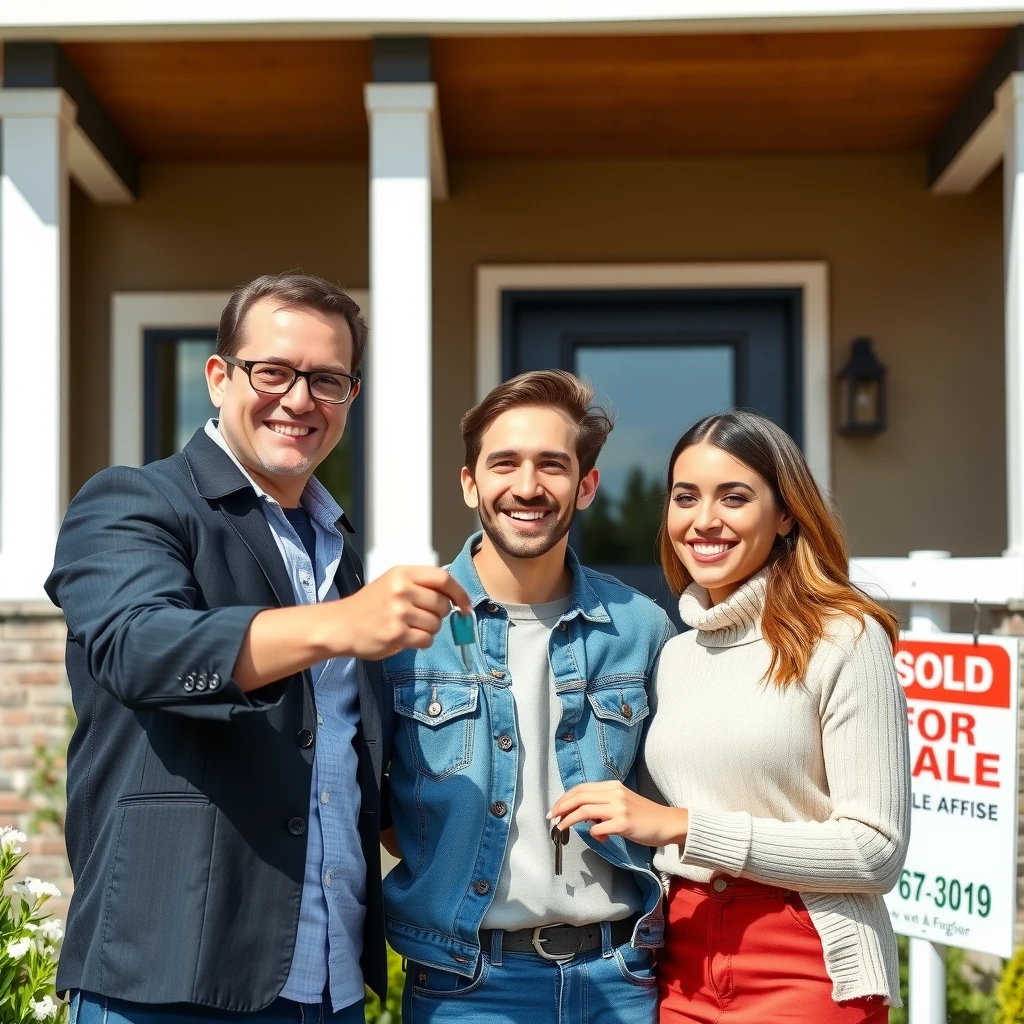 Happy first-time homebuyers receiving keys to their new home