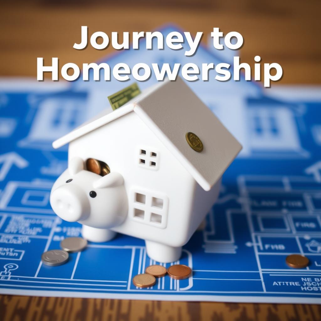 House-shaped piggy bank with coins and blueprints