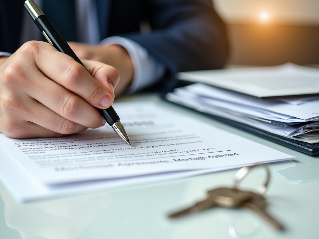 Hand confidently signing a mortgage agreement with keys in view.