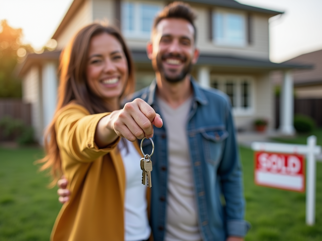 Couple celebrating home purchase after improving credit score