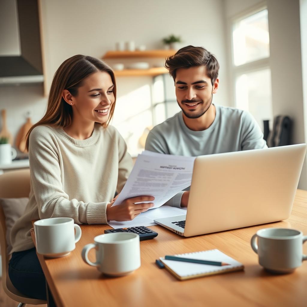 Young couple reviewing mortgage documents in a cozy kitchen