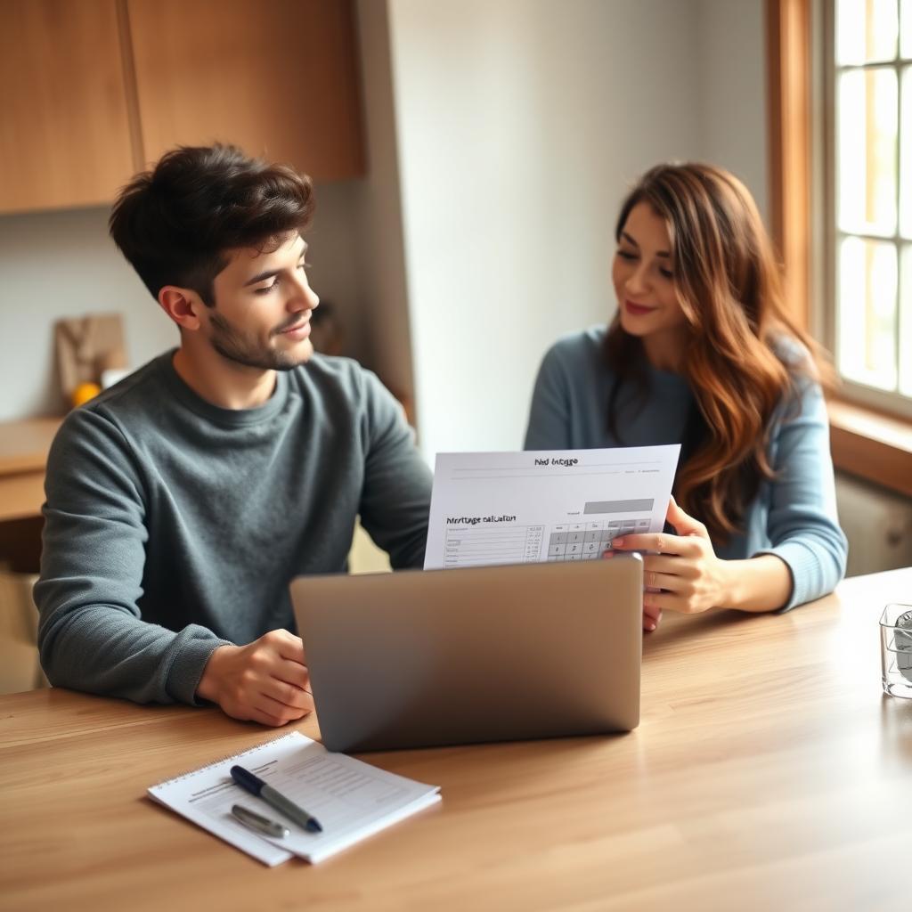 Young couple planning their homebuying budget at a kitchen table with a laptop and notepad.