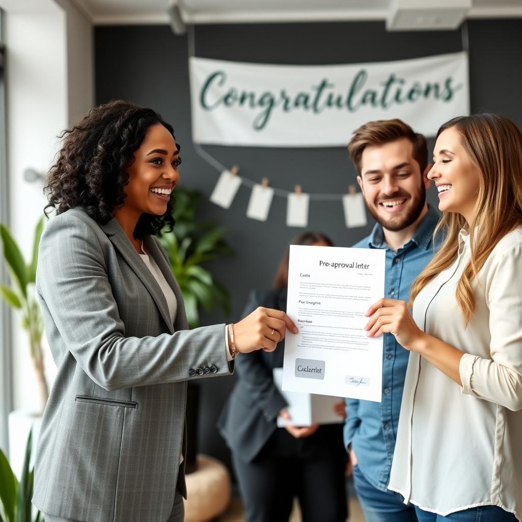 Couple receiving FHA loan pre-approval letter from real estate agent