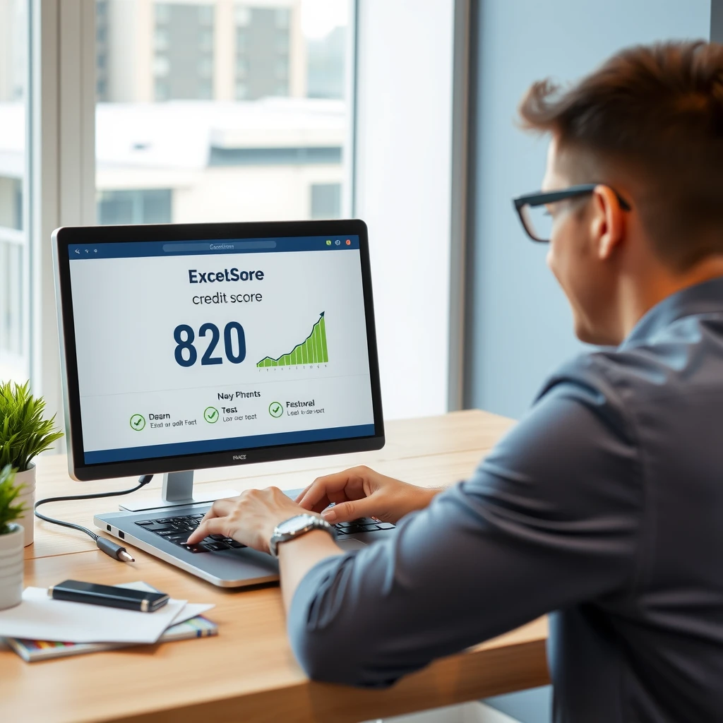 Person viewing excellent credit score on laptop
