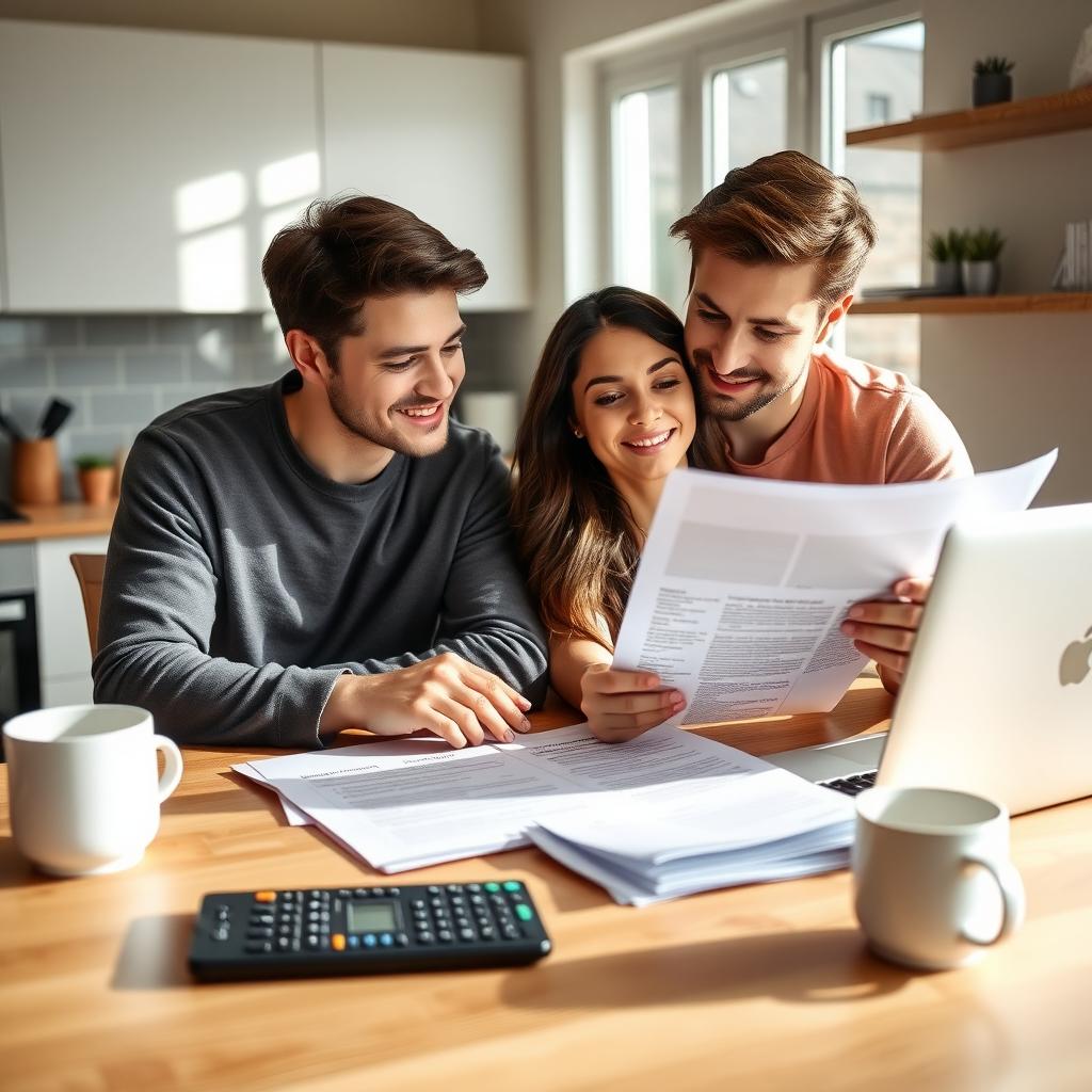 Young couple reviewing closing cost documents in a cozy kitchen