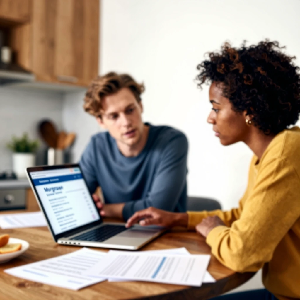 Young couple comparing mortgage lenders on laptop at home