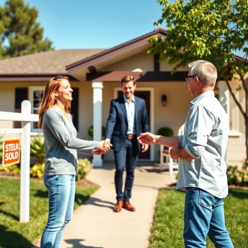 First-time homebuyer and real estate agent shaking hands outside a sold home