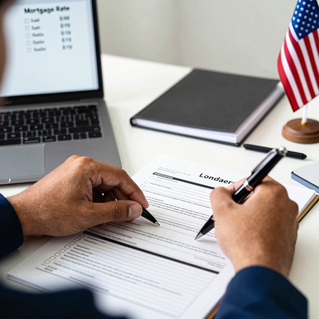 Hands signing loan documents with mortgage checklist on desk