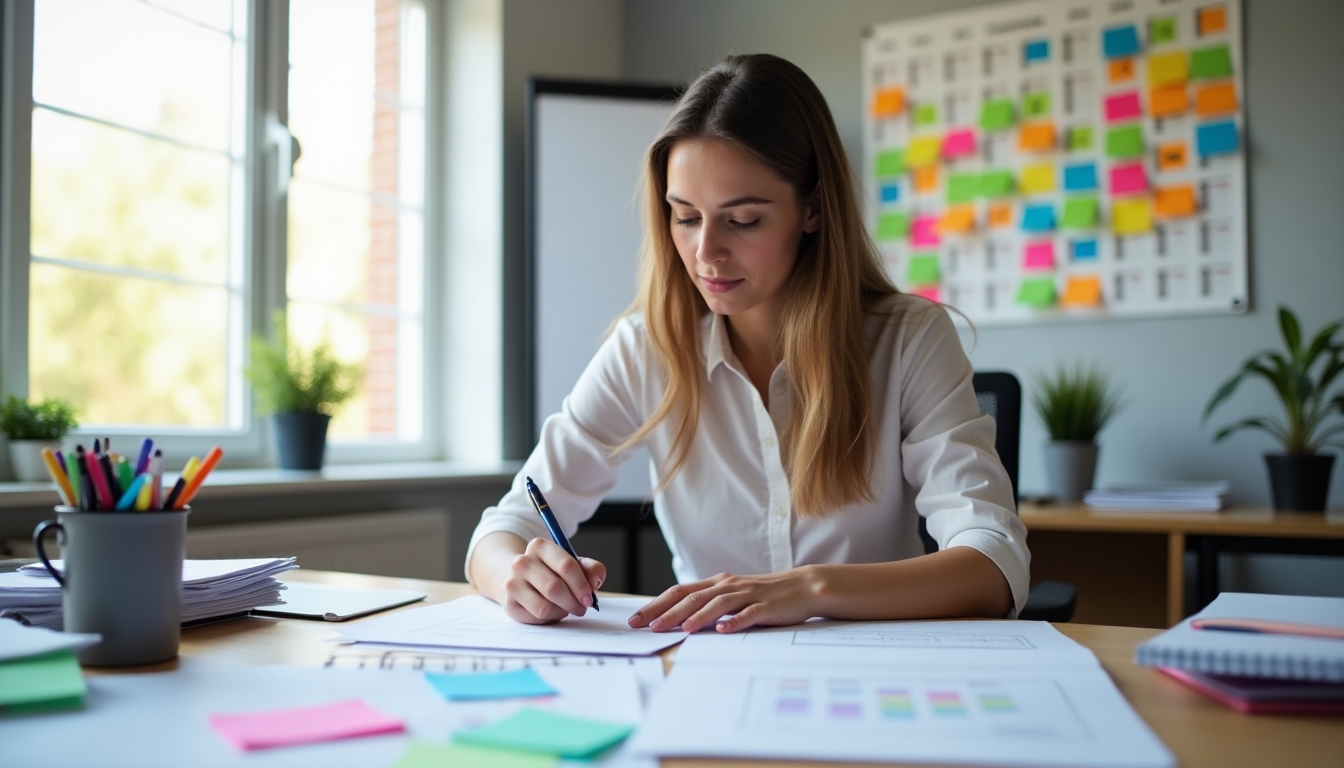 A woman happily organizing her mortgage checklist with sticky notes and calendars.