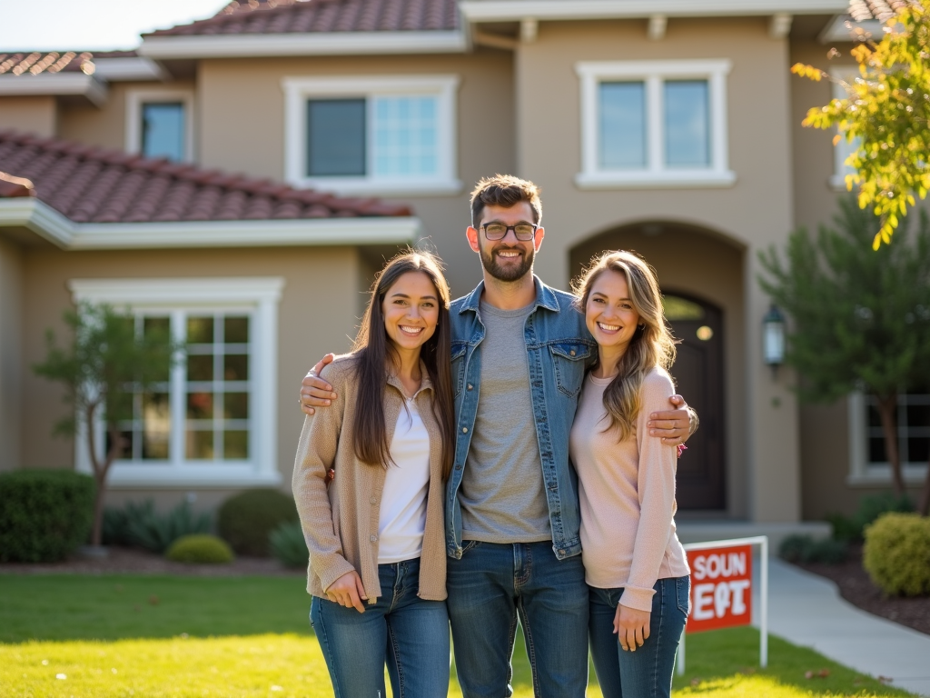 Happy family in front of their new home, celebrating the achievement of homeownership.