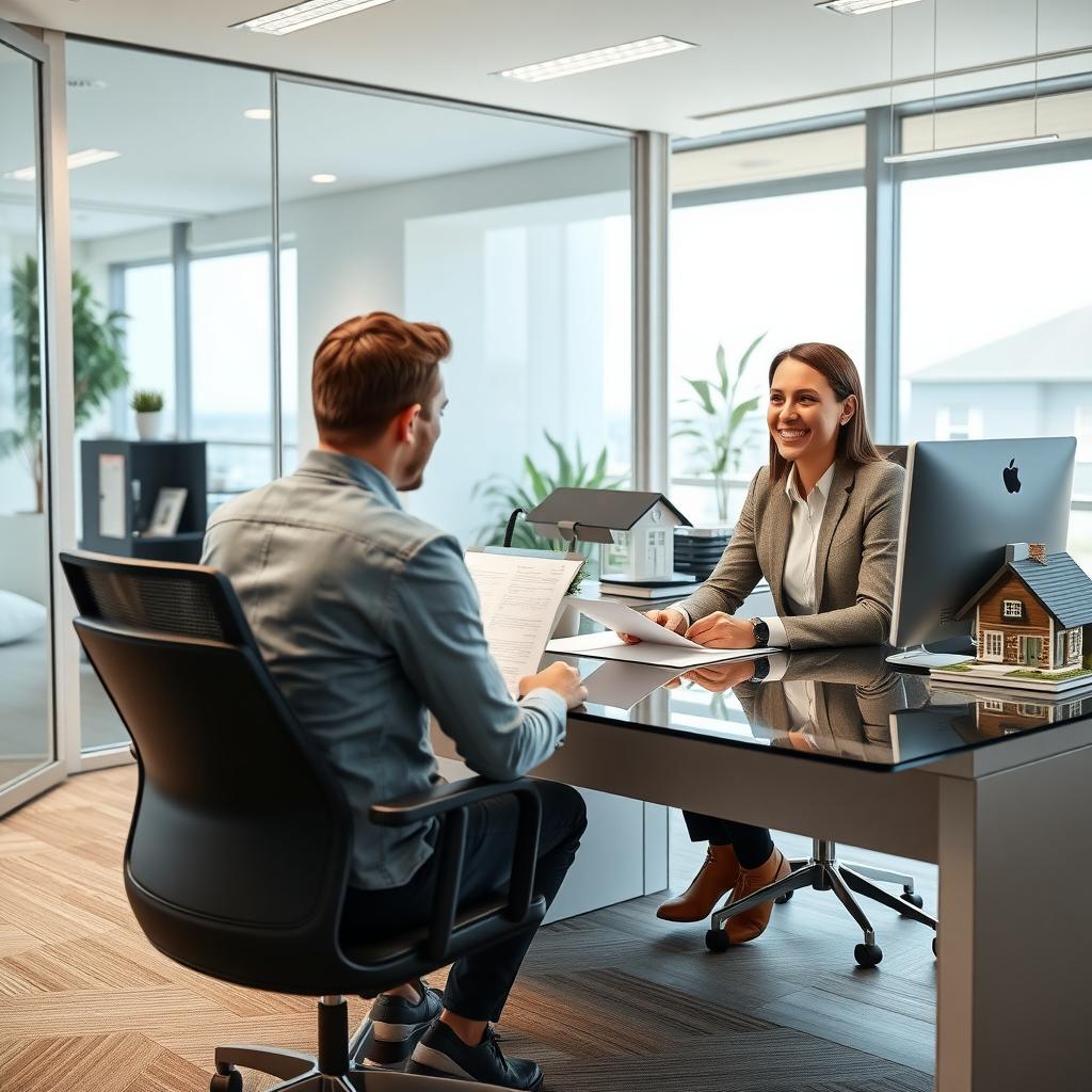 Loan officer explaining mortgage agreement to a first-time buyer in a modern office.