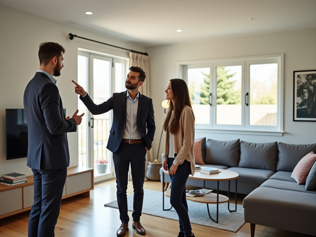 Real estate agent showing a house to potential buyers.