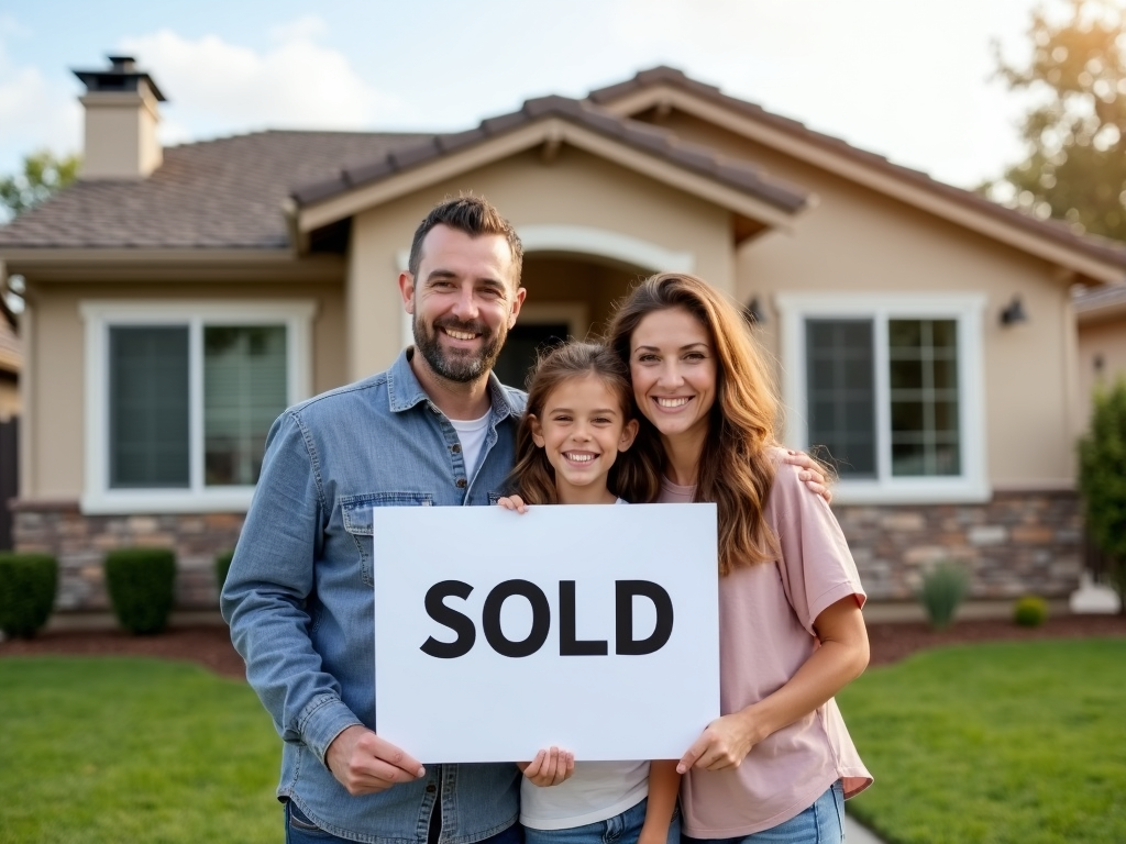 Family in front of their new home