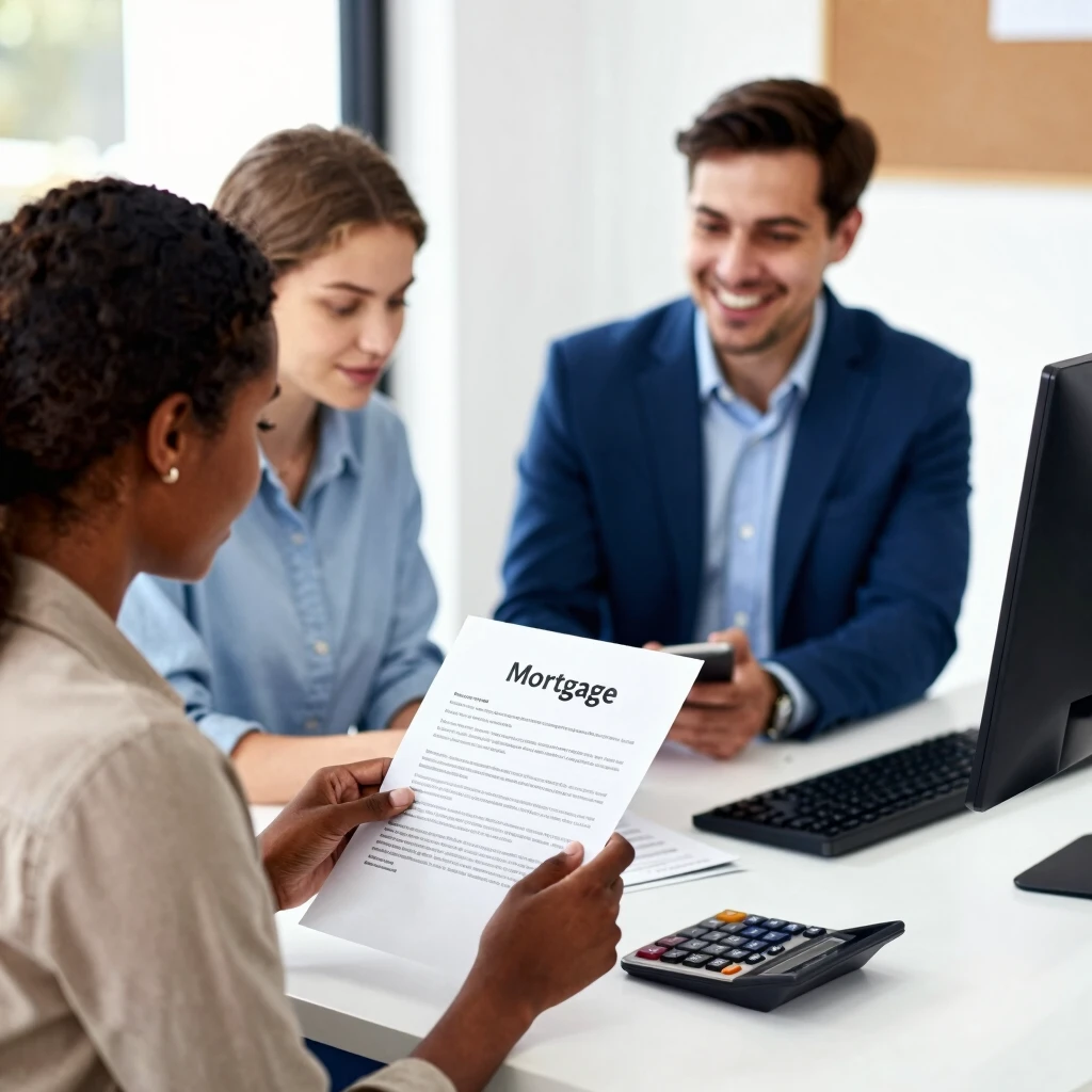 First-time homebuyers discussing mortgage options with loan officer