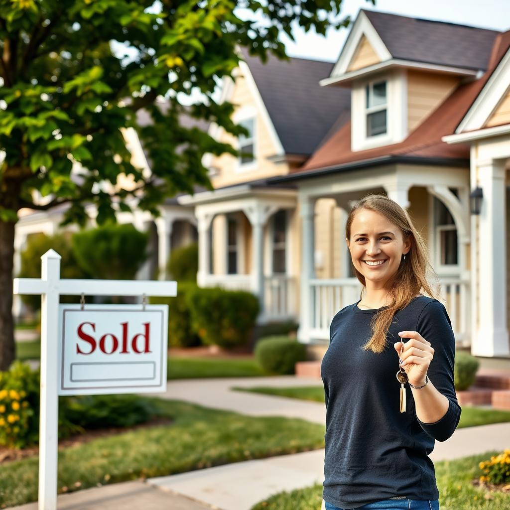 First-time buyer holding keys in front of a home with a 'Sold' sign in a charming neighborhood.