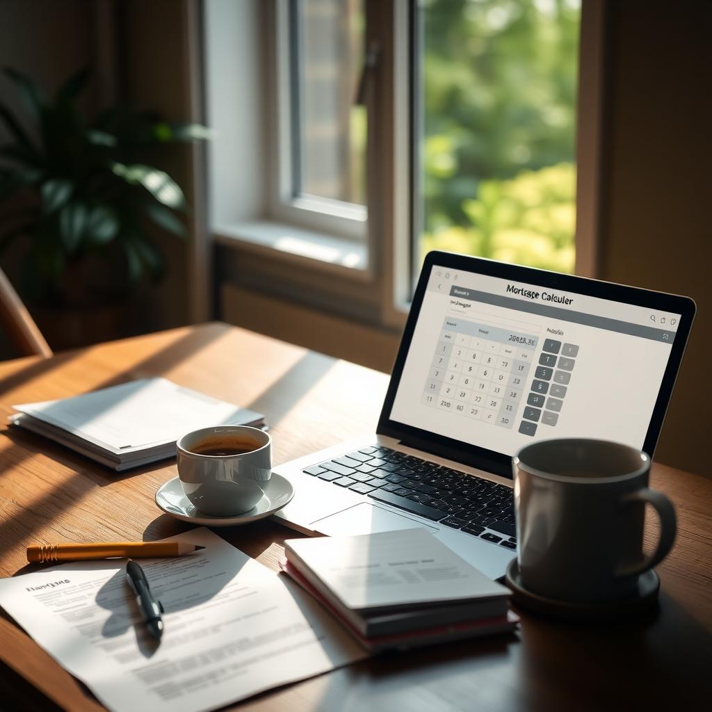 Home office with a laptop showing a mortgage calculator and mortgage documents on a desk