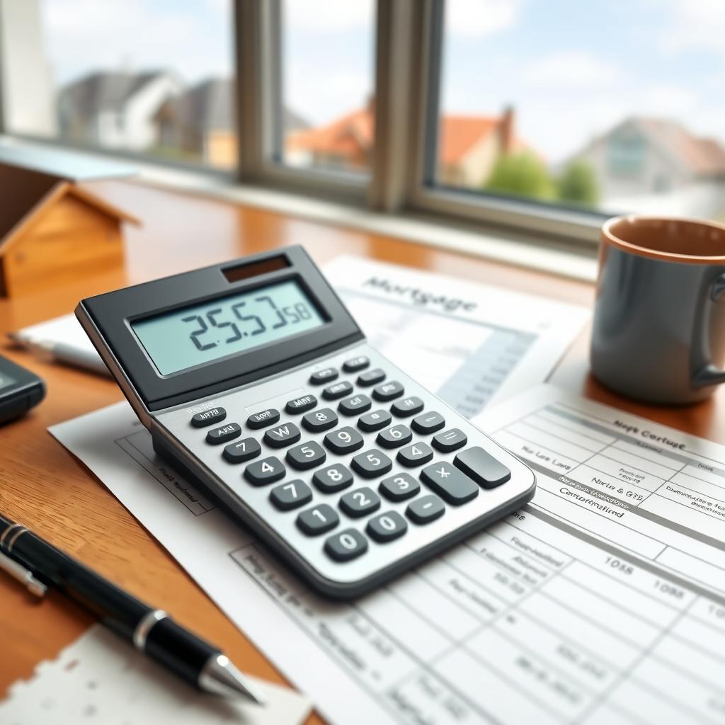 Mortgage calculator on a desk with financial documents and a suburban view