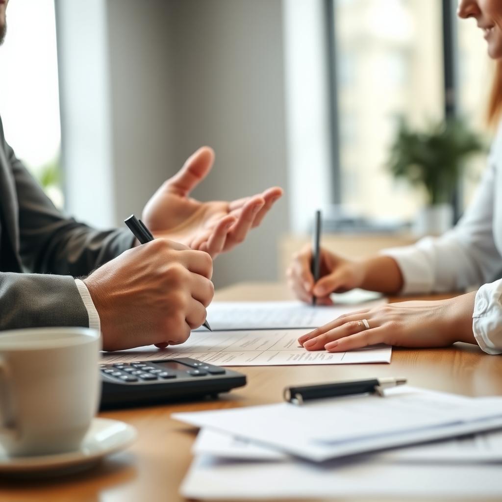 A person signing mortgage documents at a desk in a bright office, with a lender explaining terms and a calculator nearby.