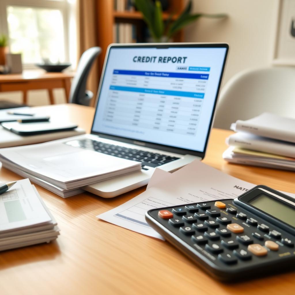 Home office desk with laptop showing credit report and financial documents