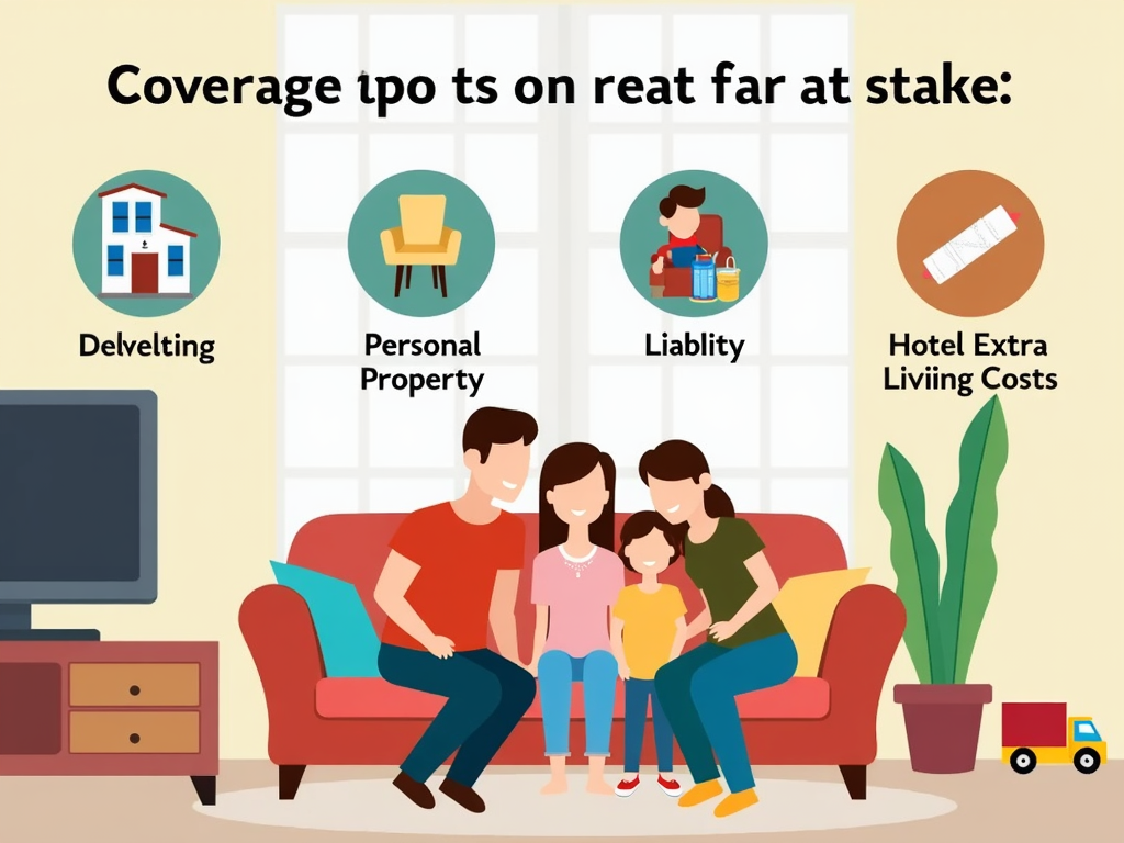 A family at home with icons showing homeowners insurance coverage types.