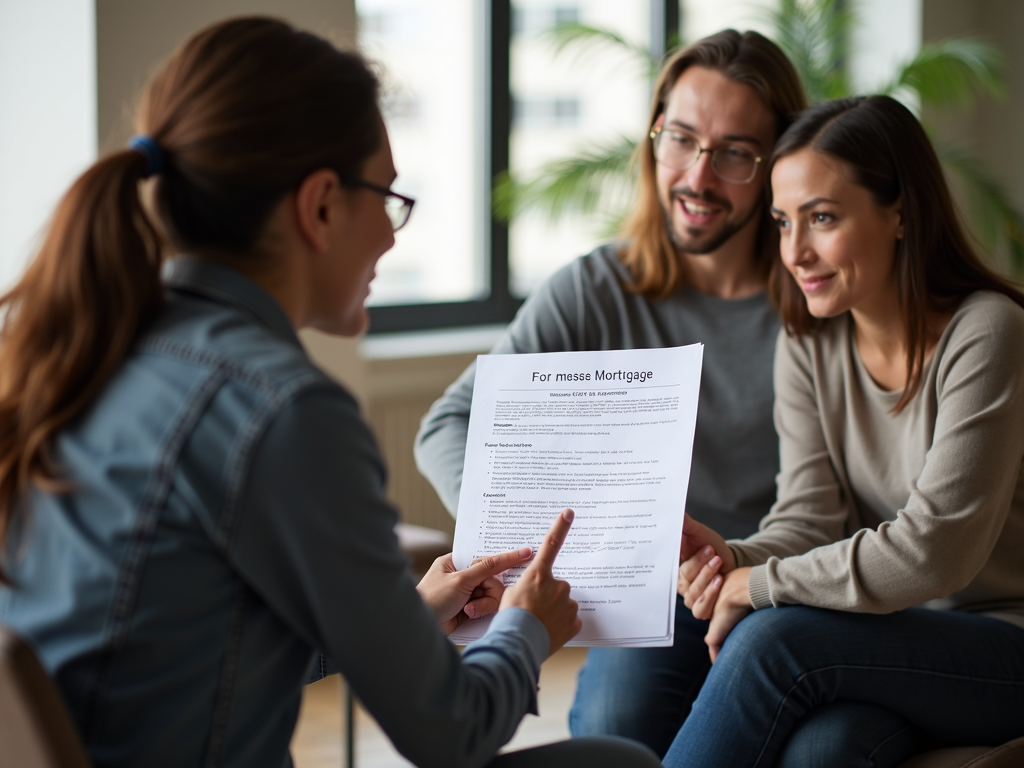 Mortgage broker explaining FHA loan to first-time buyers