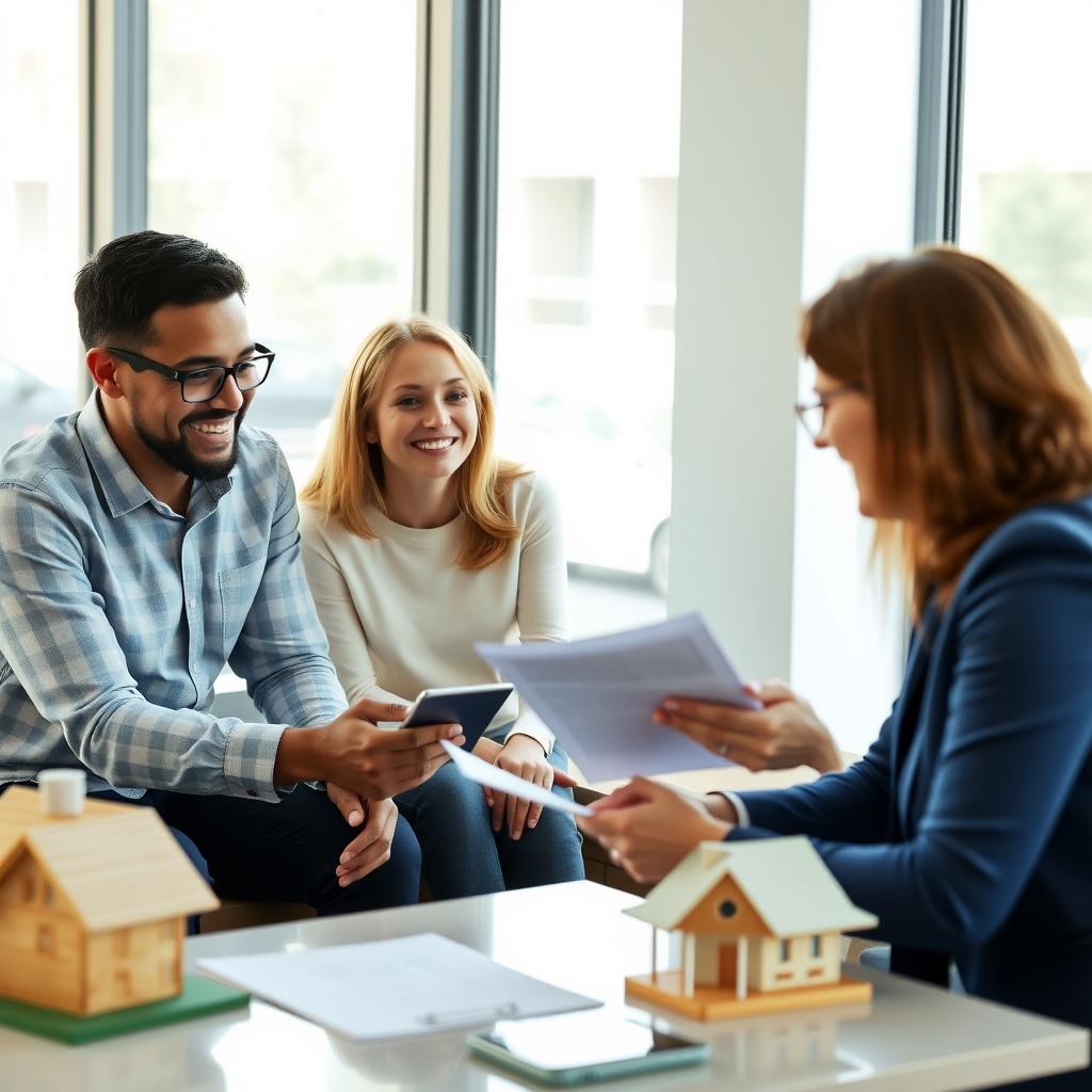 A couple meeting with a mortgage lender in a bright, modern office with a house model on the desk.