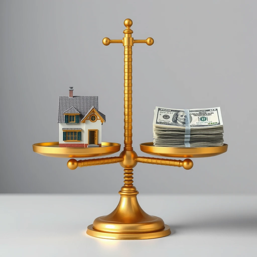 Scale balancing a house and money, representing pros and cons of home equity loans