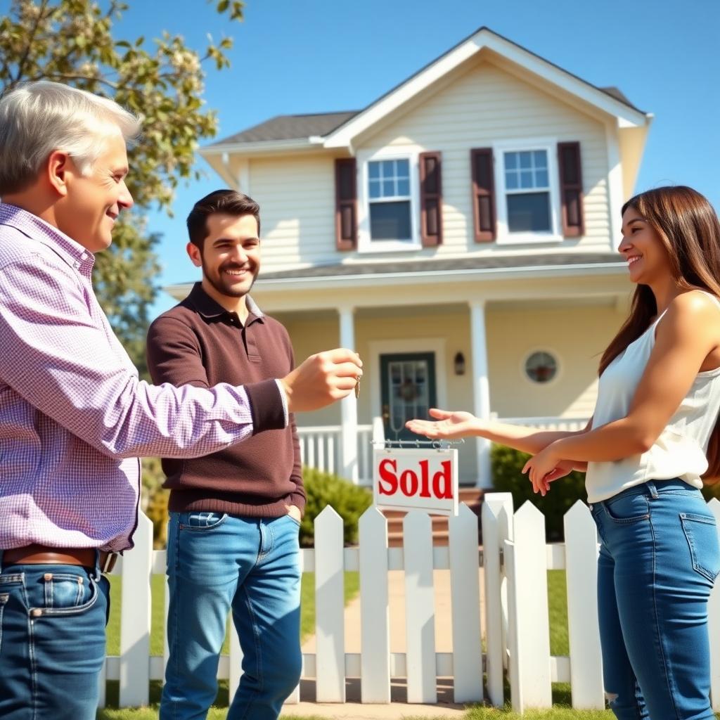 Real estate agent handing house keys to a couple in front of a sold home