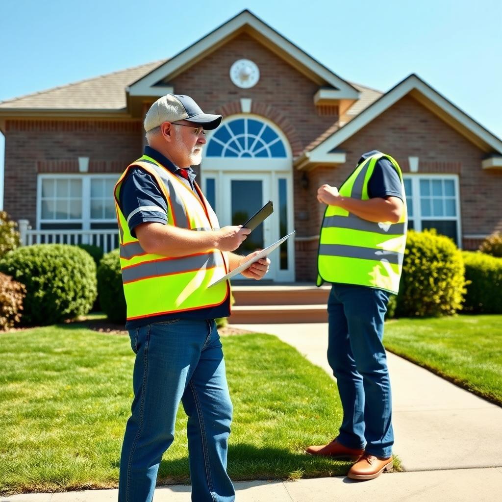 Home inspector checking a smoke detector outside a suburban house.