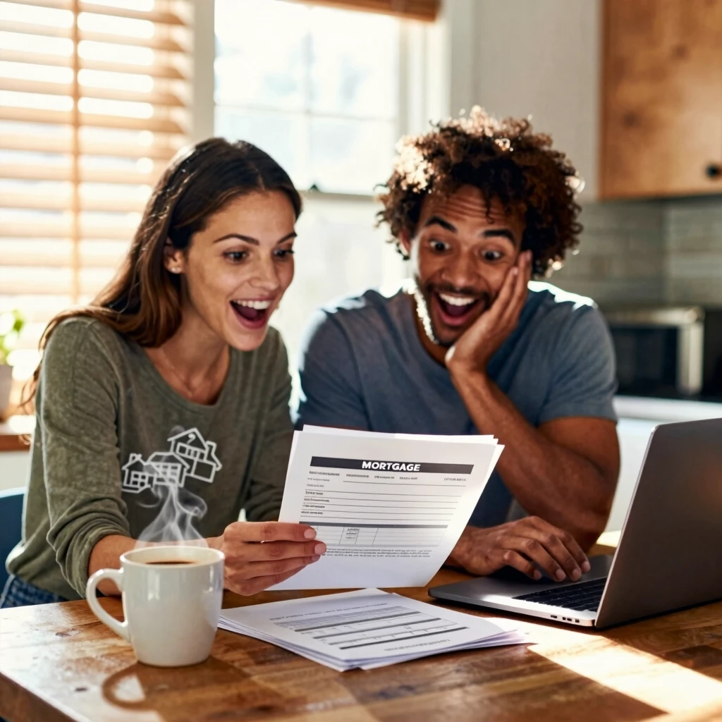 Couple preparing for FHA mortgage closing by reviewing documents at home