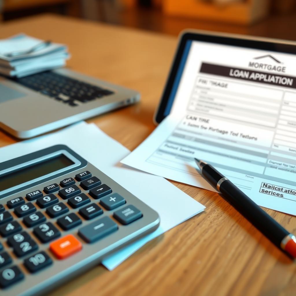 A desk with a calculator, mortgage papers, and a laptop displaying an FHA loan application.