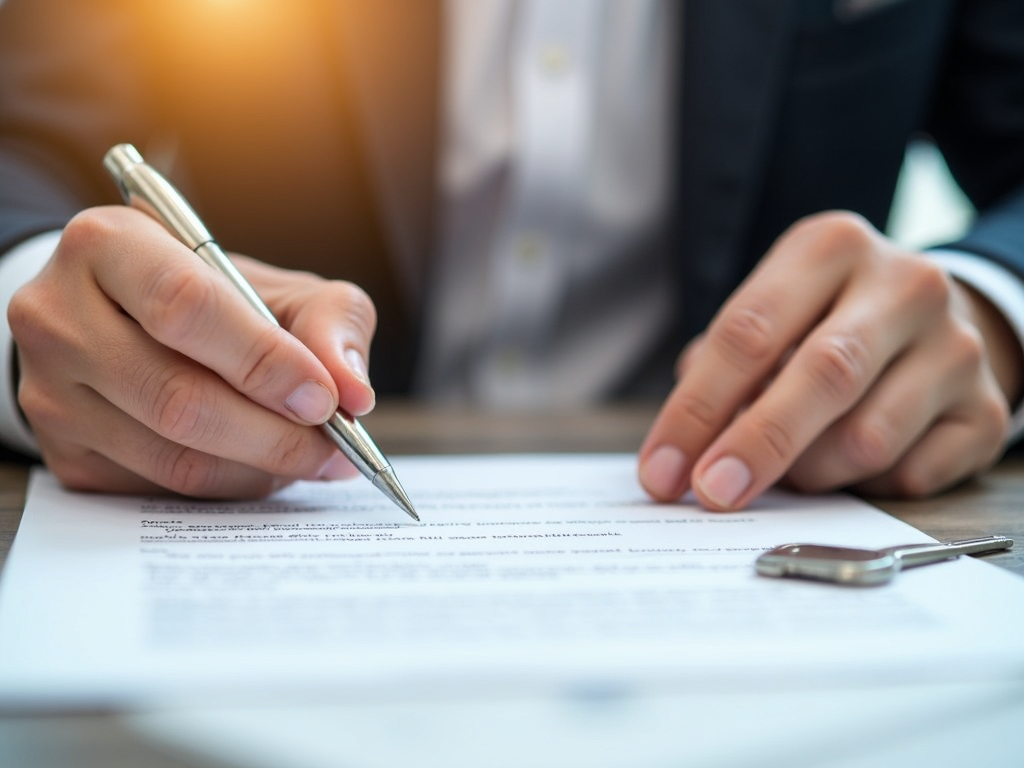 Hands signing a real estate contract with a key nearby