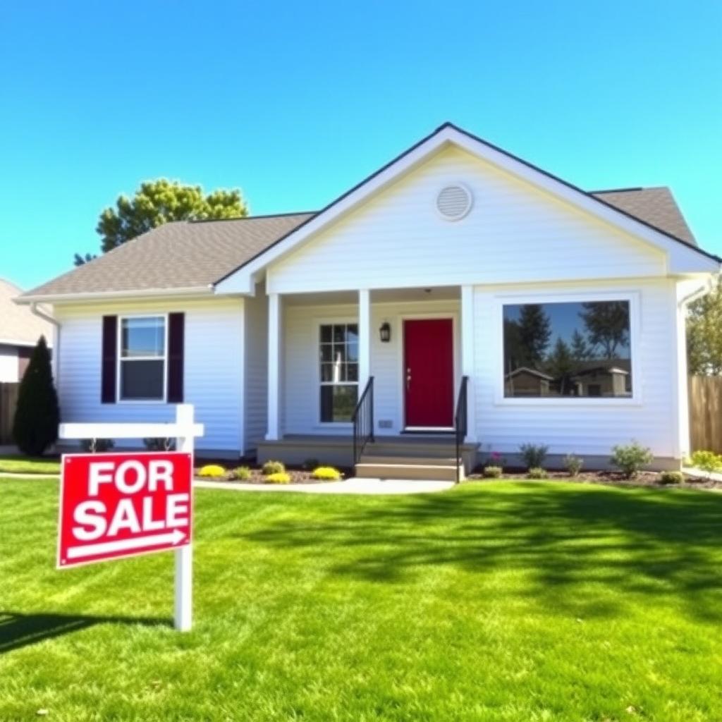 Modern single-family home with a 'For Sale' sign on a sunny day