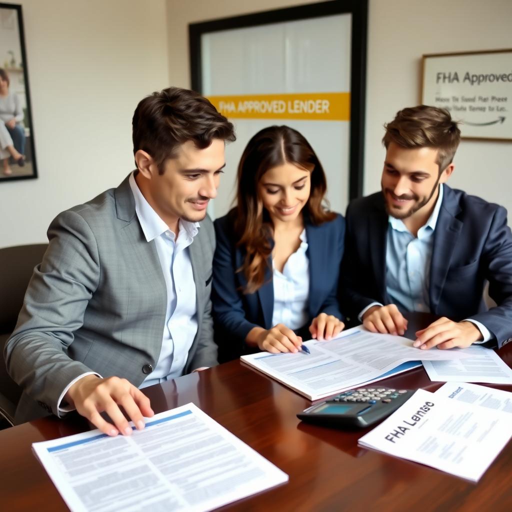 Real estate agent with couple reviewing FHA loan documents