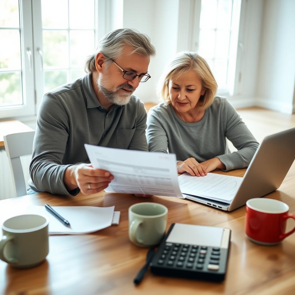 Couple reviewing mortgage documents at a kitchen table with a laptop and calculator.
