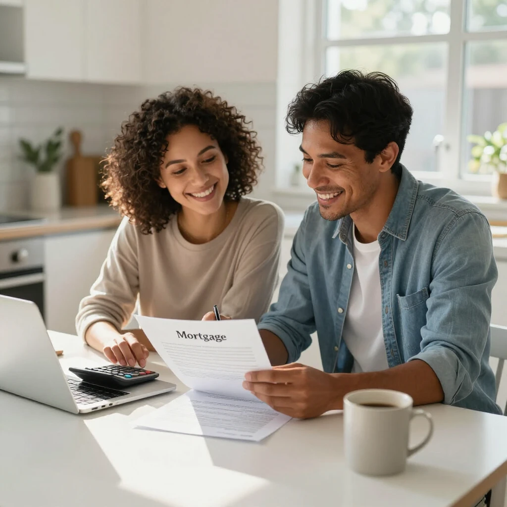 Happy couple reviewing FHA streamline refinance documents at home