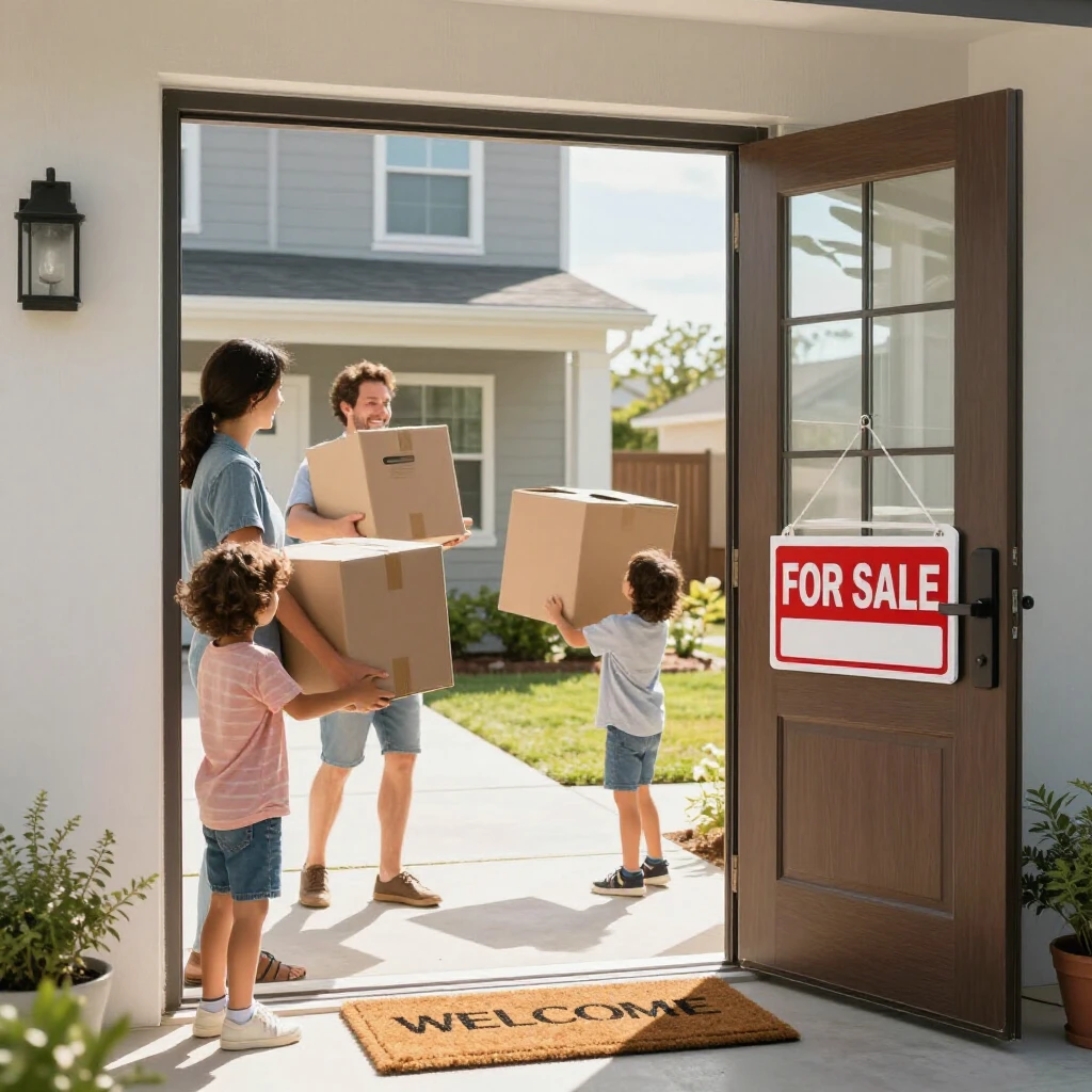 Family moving into their new suburban home with moving boxes