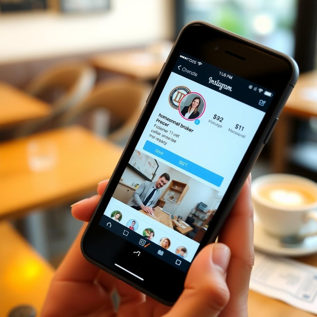 Smartphone showing a mortgage broker’s Instagram post in a coffee shop