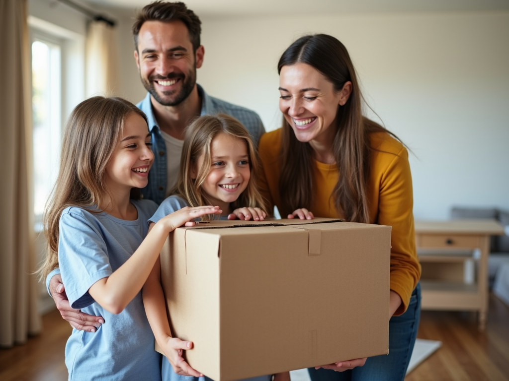 A family moving into their new home, representing the beginning of a new journey.
