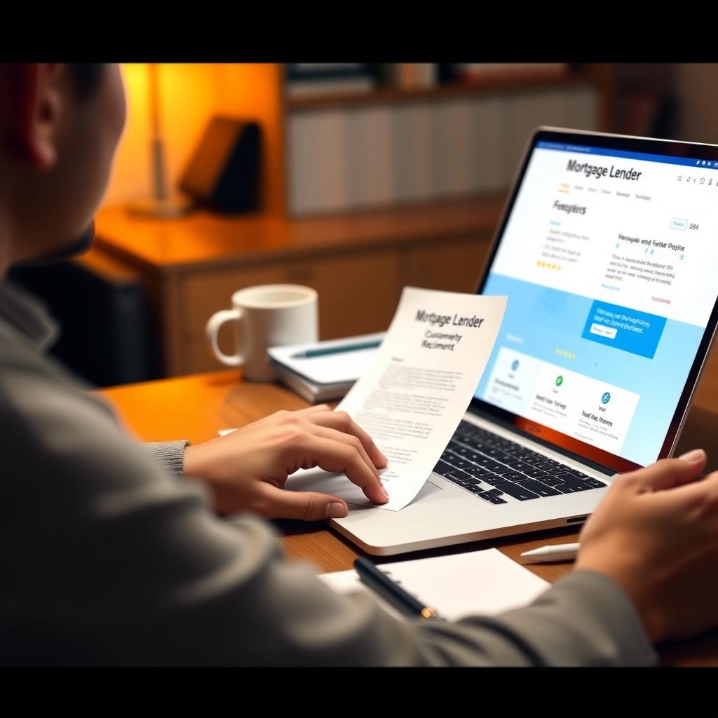 Person reviewing mortgage lender ratings on a laptop in a cozy home office
