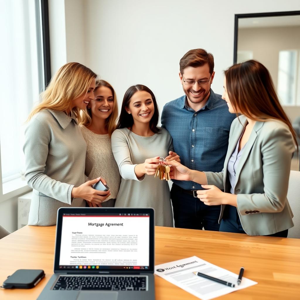 Family receiving house keys from a real estate agent in a modern office with a laptop showing a mortgage agreement.