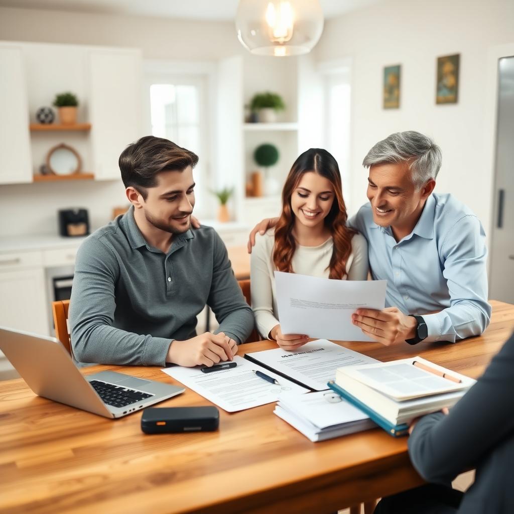 Couple discussing FHA mortgage with broker at kitchen table