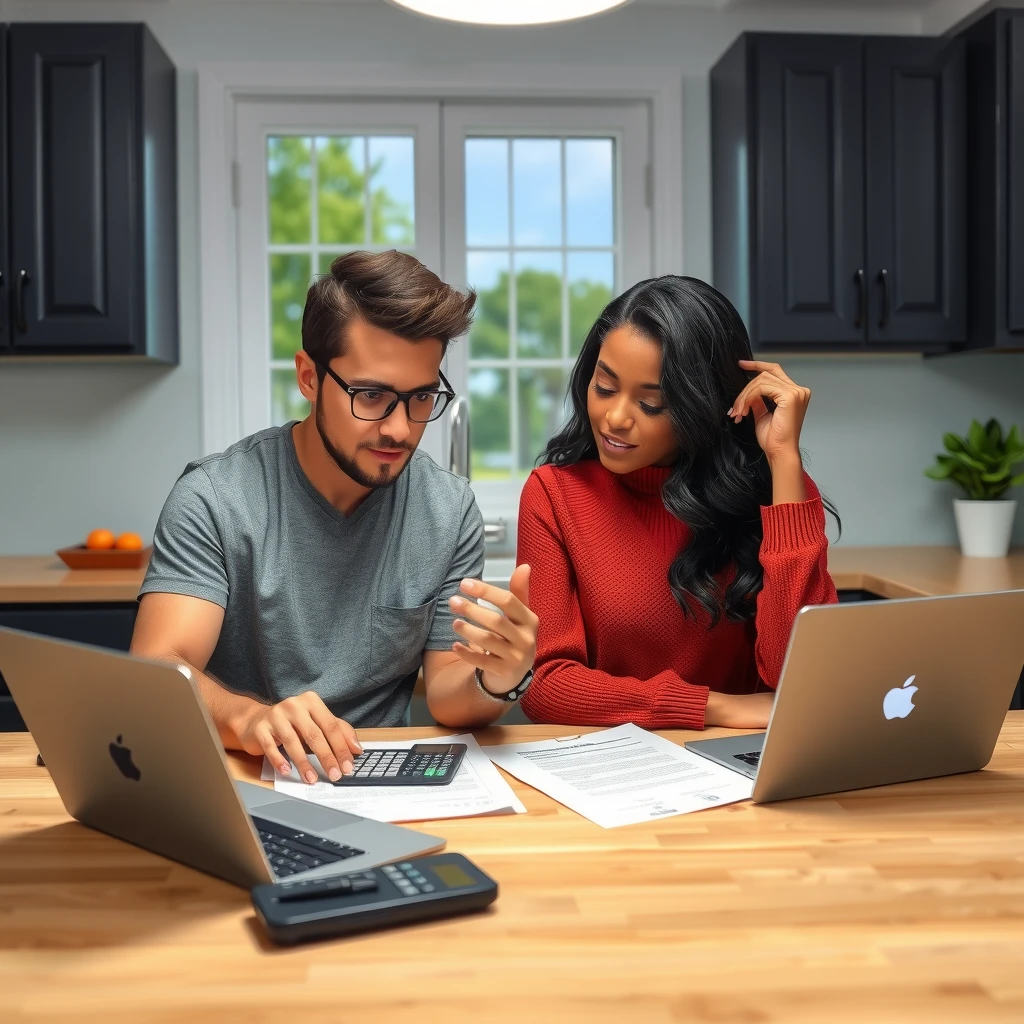 Young diverse couple reviewing mortgage documents at kitchen table